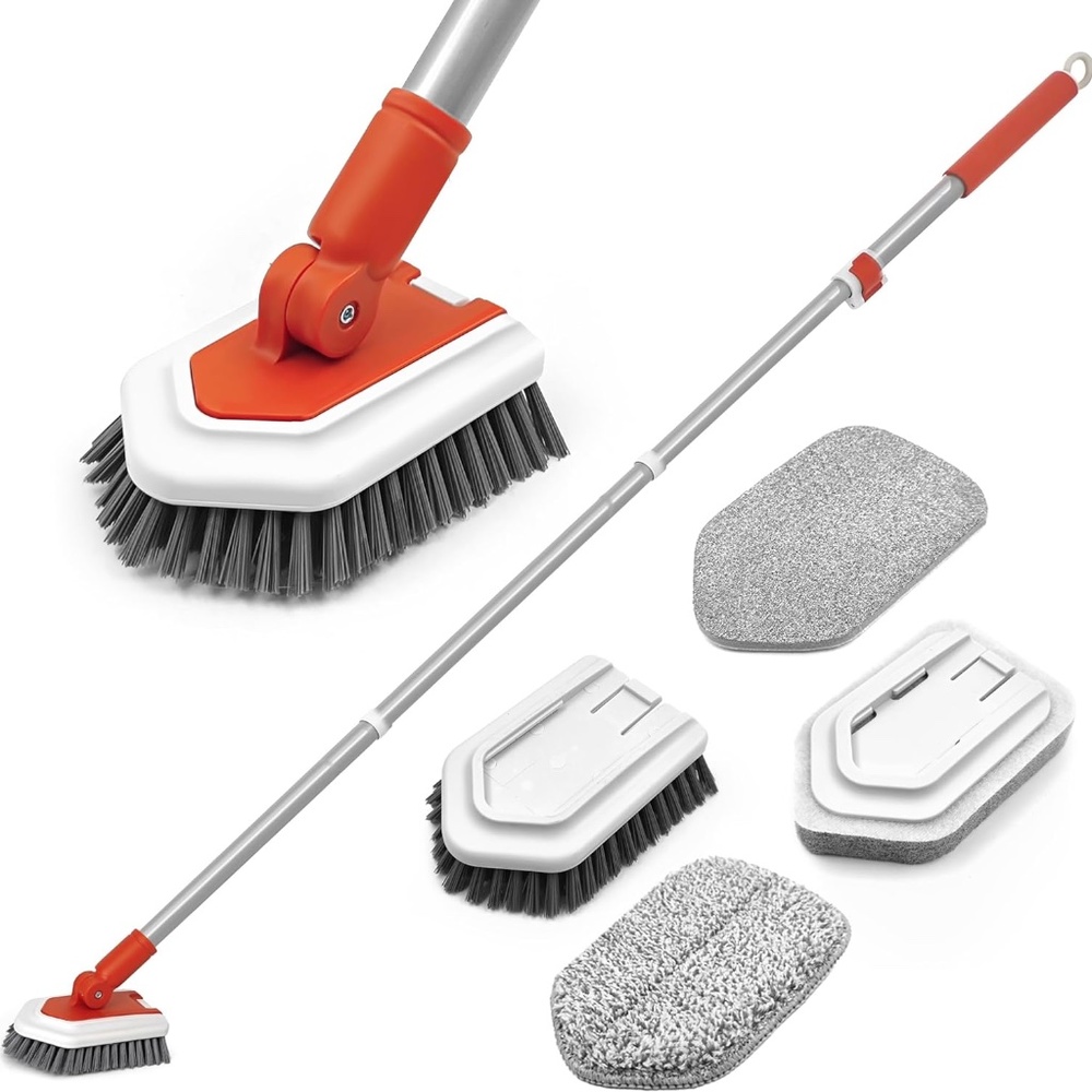 Tub Tile Shower Scrubber Brush with Telescopic 51 inches Long Handle, 4 Differen
